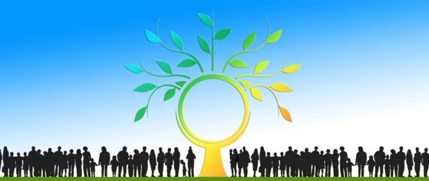 Grafik Menschen stehen zusammen unter einem Baum